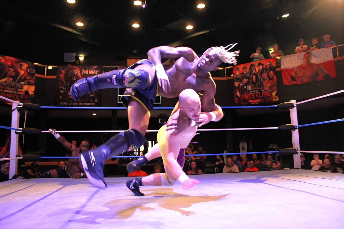 Luke Anthony and his opponent collide in midair.