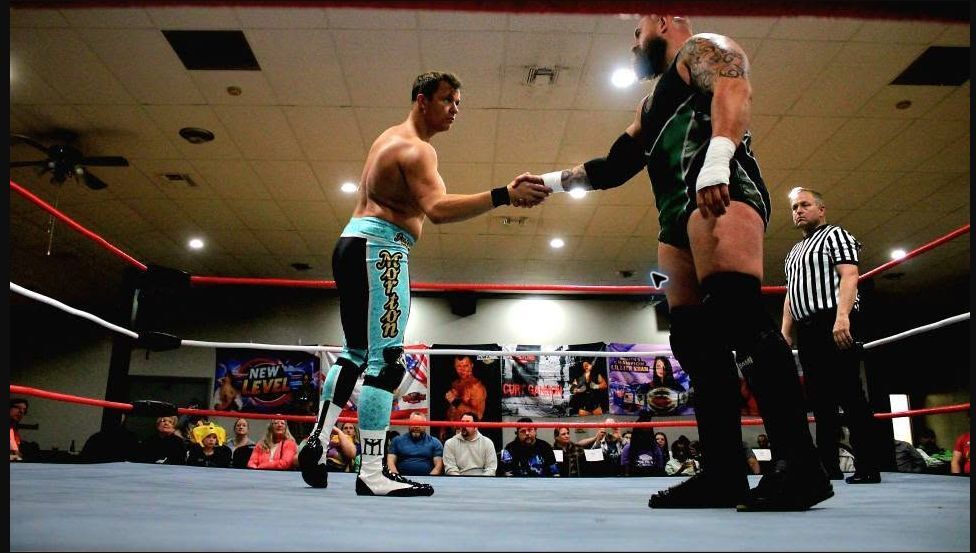 Kerry Morton and Curt Gannon meeting in the ring at Luck of the Brawl