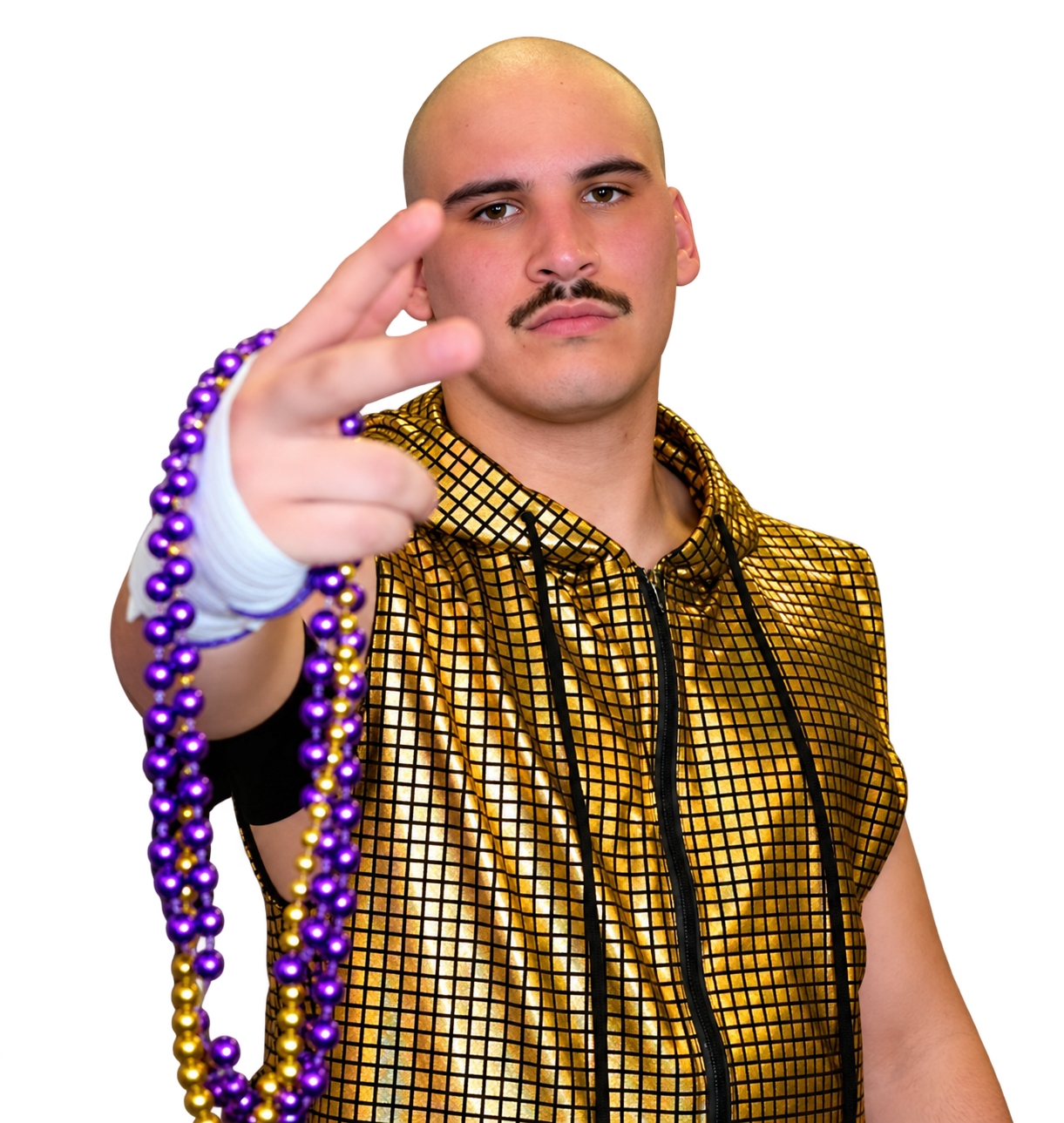 Luke Anthony wearing a gold outfit and purple and gold beads