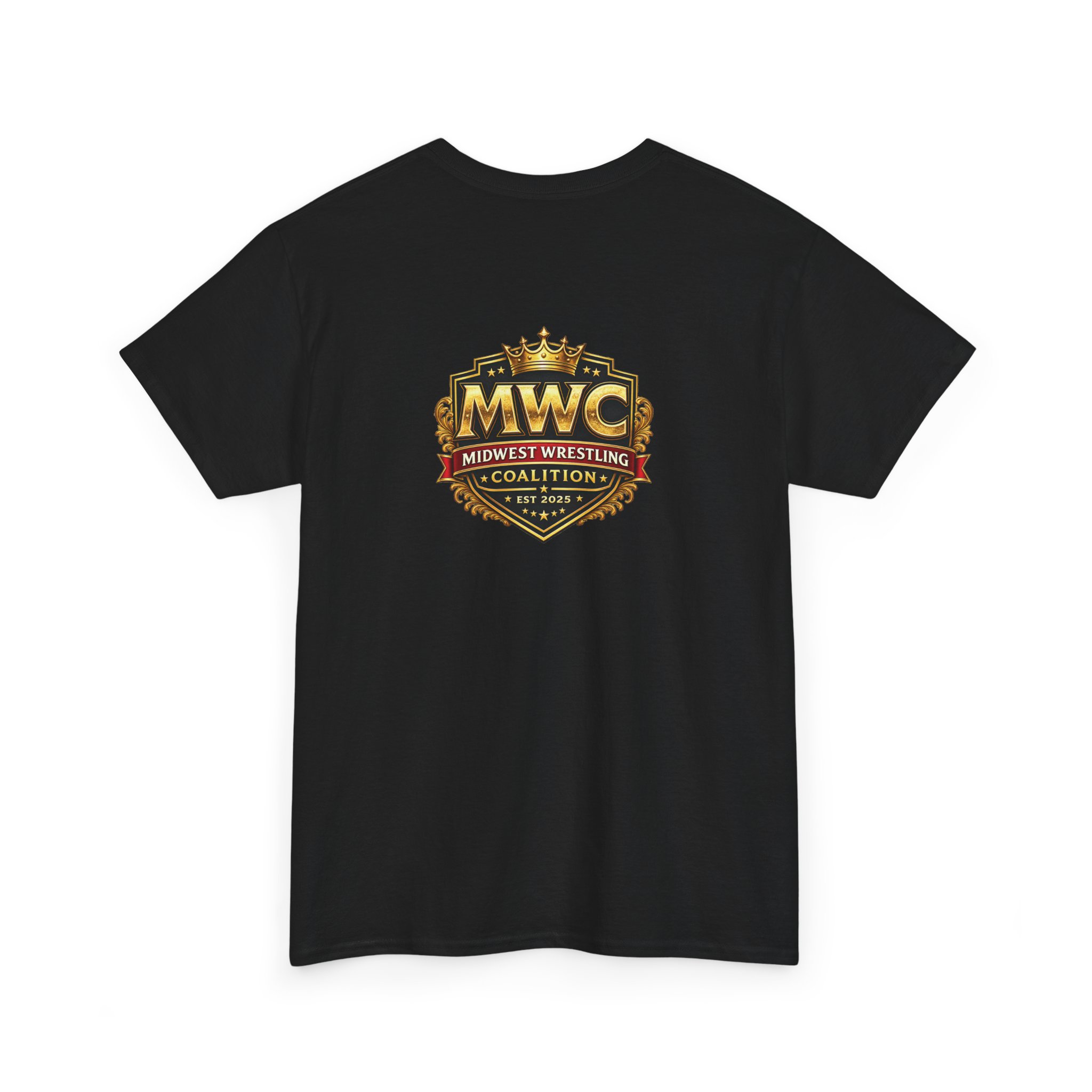 Gold Crest black MWC T-shirt, back view