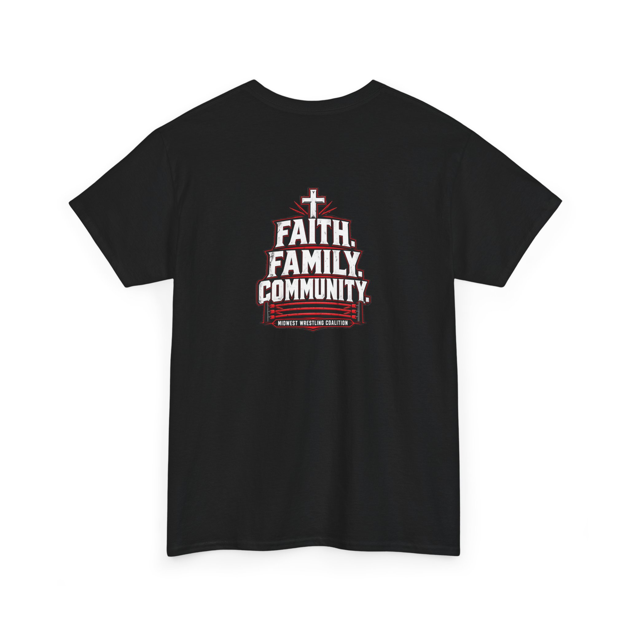 Faith. Family. Community. black MWC T-shirt, back view