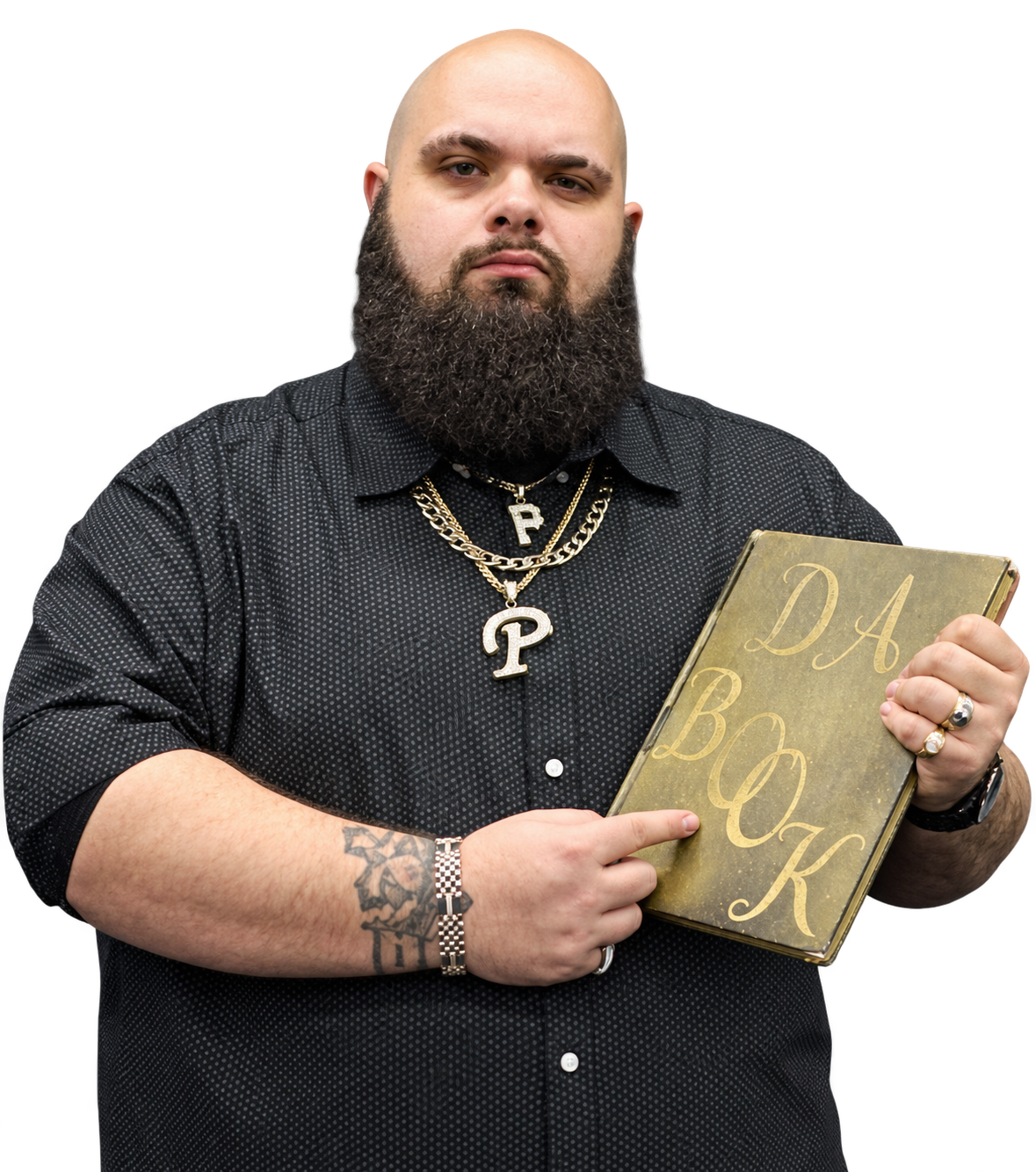 Professor P holding his book and wearing his P necklaces
