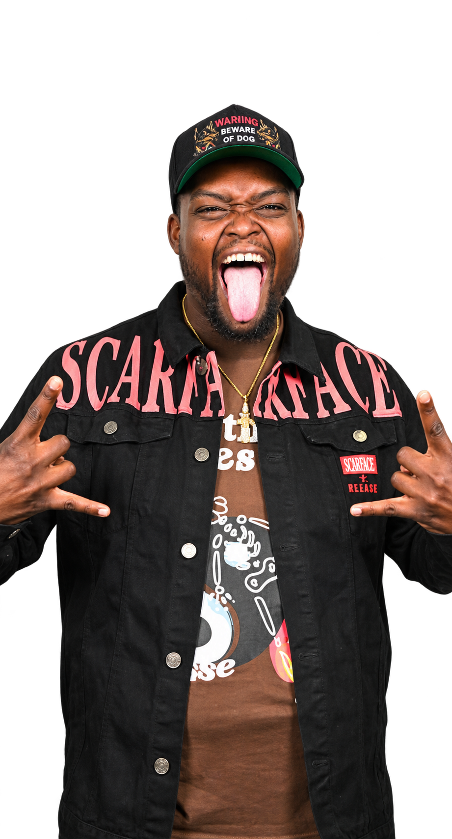 Retro Champion wearing a cap and black vest with his tongue out