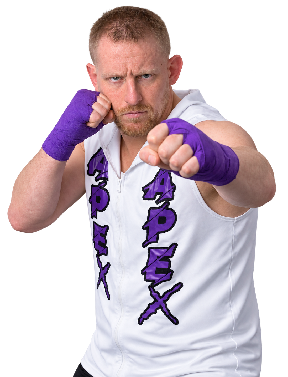 The Apex in a white and purple vest with purple hand wraps